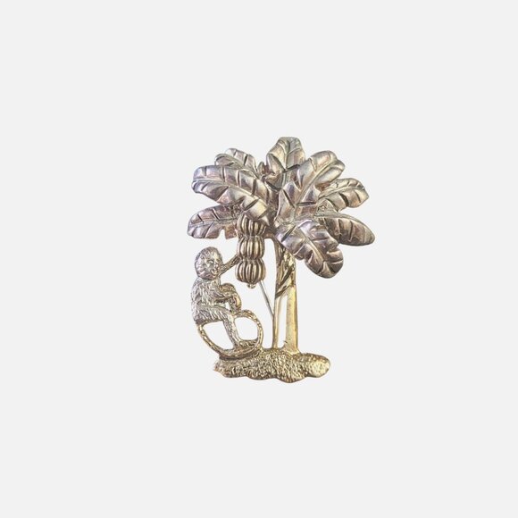 Vintage MJ Silver / Gold-Tone Monkey & Banana Tree Brooch Pin / Pendant - Picture 8 of 12